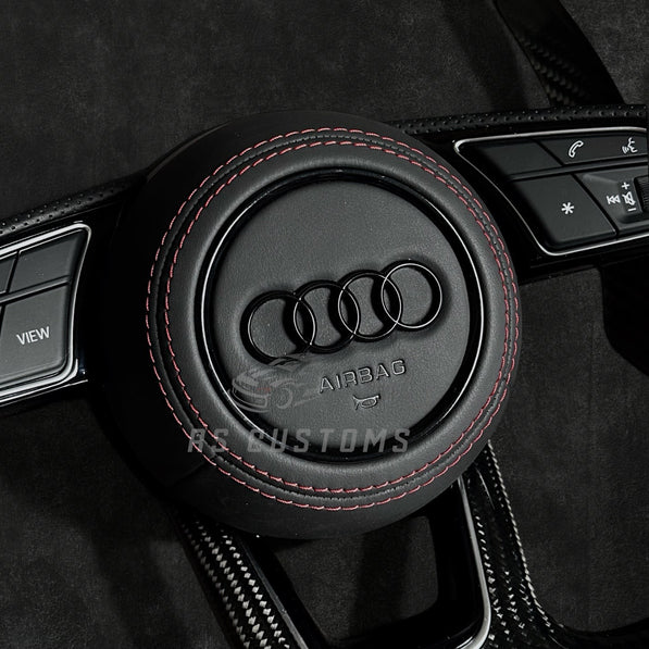 RS Customs Audi RS B9-style custom steering wheel with carbon fiber, perforated leather grips and optional heating for Audi A, S, RS, Q and R models from 2012+.