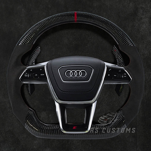 RS Customs Audi RS C8 custom steering wheel with carbon fiber and Alcantara grips for Audi RS6, RS7, RSQ8, e-tron GT and 2019+ Audi models with optional heating.
