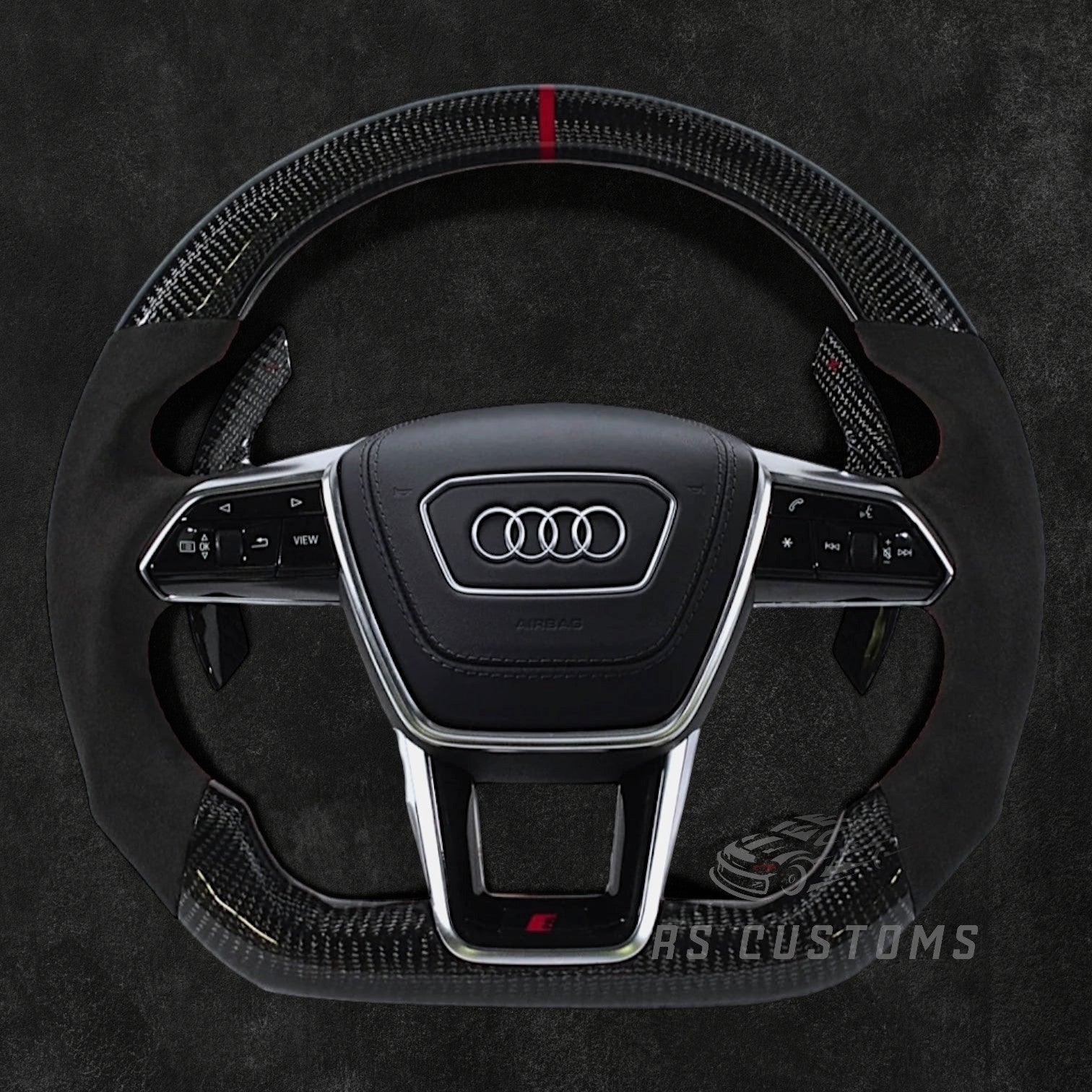 RS Customs Audi RS C8 custom steering wheel with carbon fiber and Alcantara grips for Audi RS6, RS7, RSQ8, e-tron GT and 2019+ Audi models with optional heating.