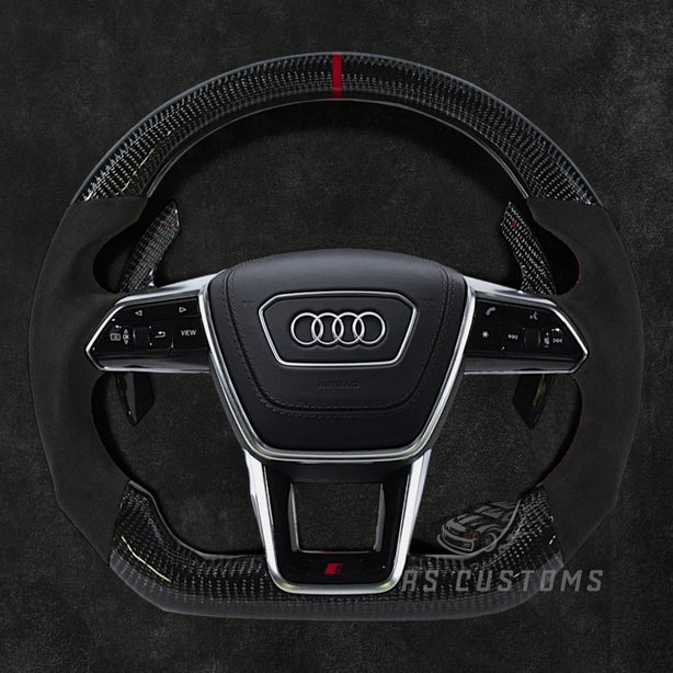 RS Customs Audi RS C8 custom steering wheel with carbon fiber and Alcantara grips for Audi RS6, RS7, RSQ8, e-tron GT and 2019+ Audi models with optional heating.