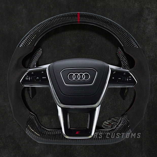 RS Customs Audi RS C8 custom steering wheel with carbon fiber and Alcantara grips for Audi RS6, RS7, RSQ8, e-tron GT and 2019+ Audi models with optional heating.