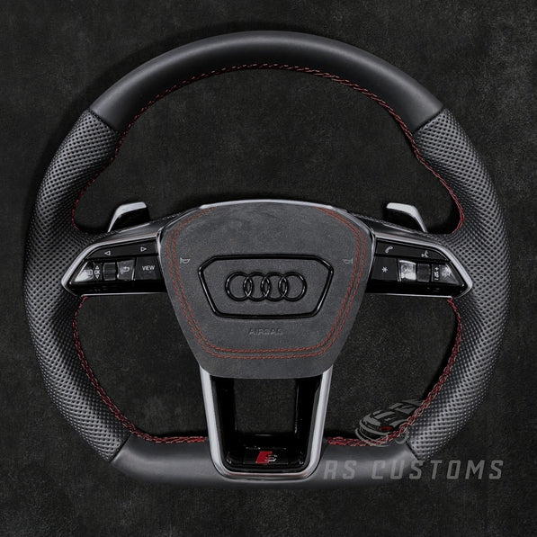 RS Customs Audi RS C8 flat bottom custom steering wheel with full leather finish for RS6, RS7, RSQ8, e-tron GT and 2019+ Audi models with optional heating.