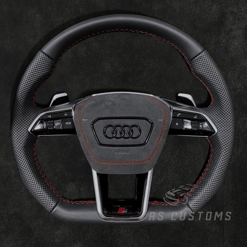 RS Customs Audi RS C8 flat bottom custom steering wheel with full leather finish for RS6, RS7, RSQ8, e-tron GT and 2019+ Audi models with optional heating.