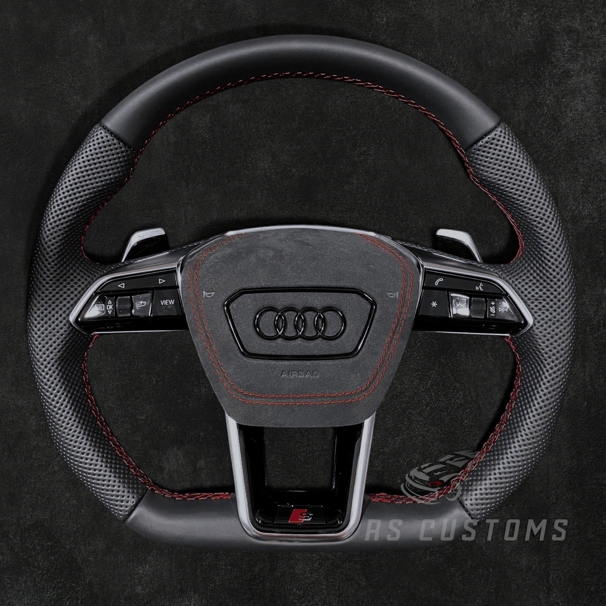 RS Customs Audi RS C8 flat bottom custom steering wheel with full leather finish for RS6, RS7, RSQ8, e-tron GT and 2019+ Audi models with optional heating.