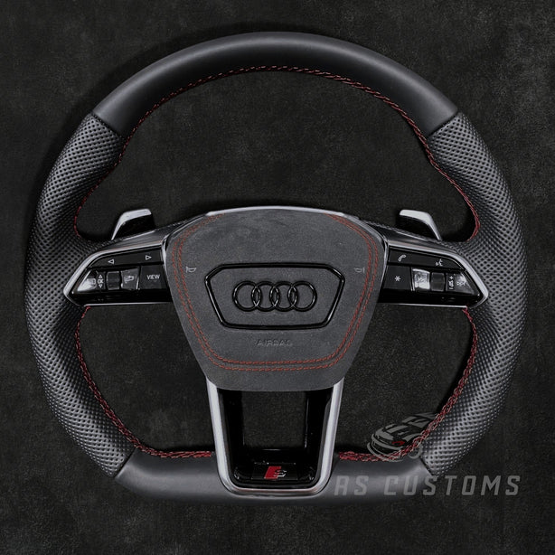 RS Customs Audi RS C8 flat bottom custom steering wheel with full leather finish for RS6, RS7, RSQ8, e-tron GT and 2019+ Audi models with optional heating.