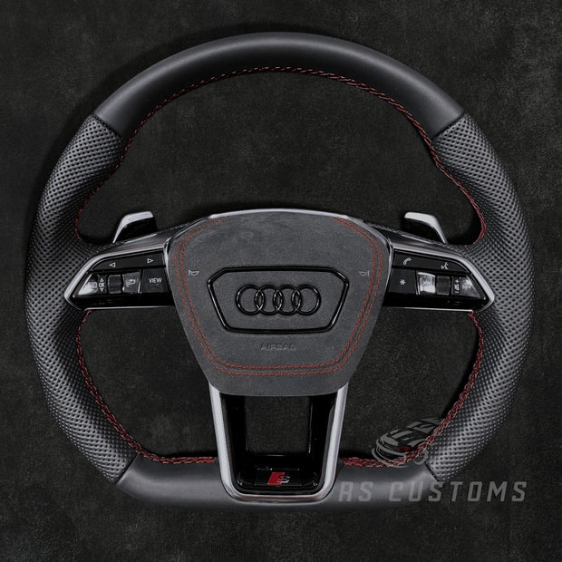 RS Customs Audi RS C8 flat bottom custom steering wheel with full leather finish for RS6, RS7, RSQ8, e-tron GT and 2019+ Audi models with optional heating.