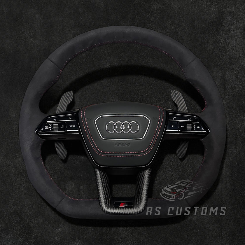 RS Customs Audi RS C8 flat bottom custom steering wheel with full leather finish for RS6, RS7, RSQ8, e-tron GT and 2019+ Audi models with optional heating.