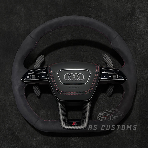 RS Customs Audi RS C8 flat bottom custom steering wheel with full leather finish for RS6, RS7, RSQ8, e-tron GT and 2019+ Audi models with optional heating.