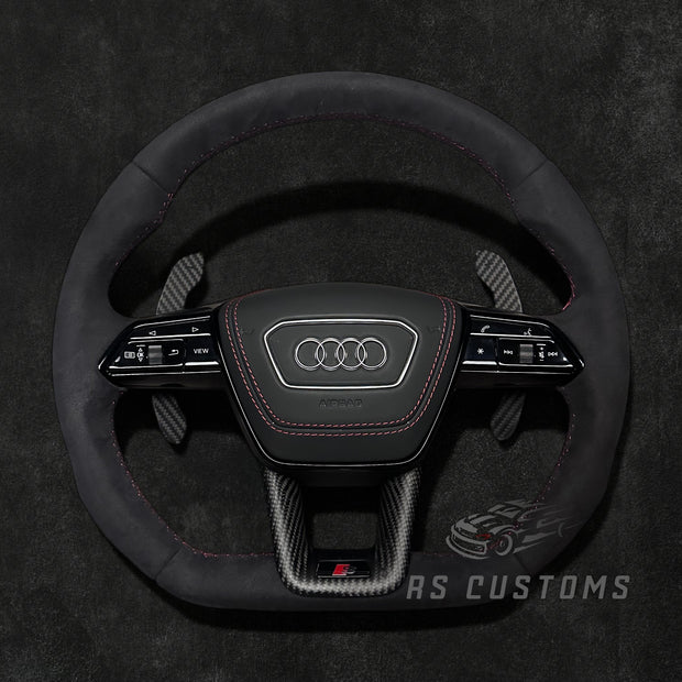 RS Customs Audi RS C8 flat bottom custom steering wheel with full leather finish for RS6, RS7, RSQ8, e-tron GT and 2019+ Audi models with optional heating.