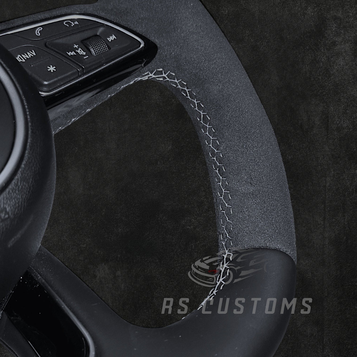 RS Customs Audi S-Line B9 custom steering wheel with Nappa leather, Alcantara side grips and optional heating for Audi A, S, RS, Q and R models from 2012+.