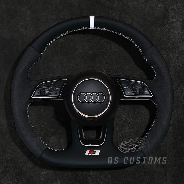 RS Customs Audi S-Line B9 custom steering wheel with Nappa leather, Alcantara side grips and optional heating for Audi A, S, RS, Q and R models from 2012+.
