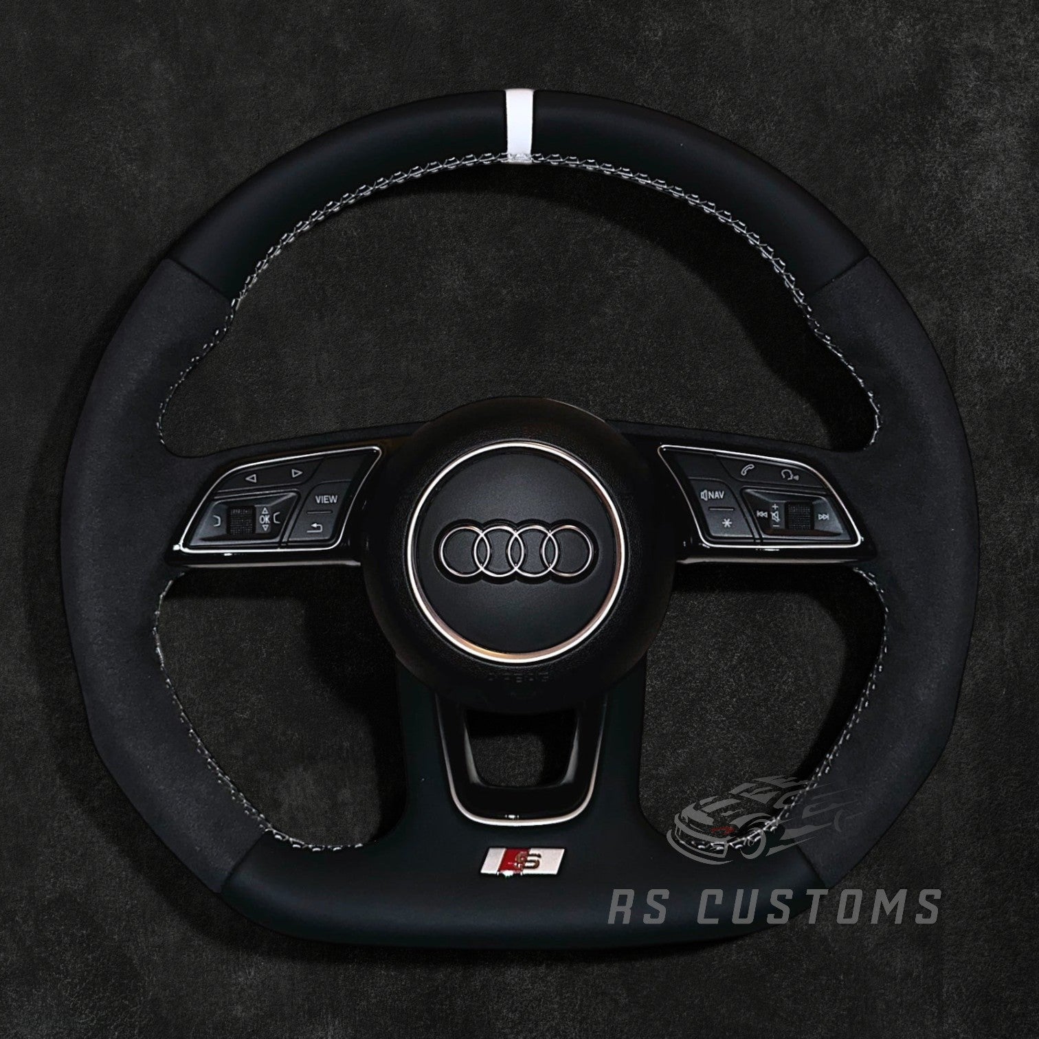 RS Customs Audi S-Line B9 custom steering wheel with Nappa leather, Alcantara side grips and optional heating for Audi A, S, RS, Q and R models from 2012+.