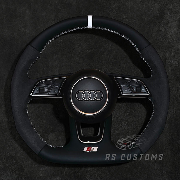 RS Customs Audi S-Line B9 custom steering wheel with Nappa leather, Alcantara side grips and optional heating for Audi A, S, RS, Q and R models from 2012+.