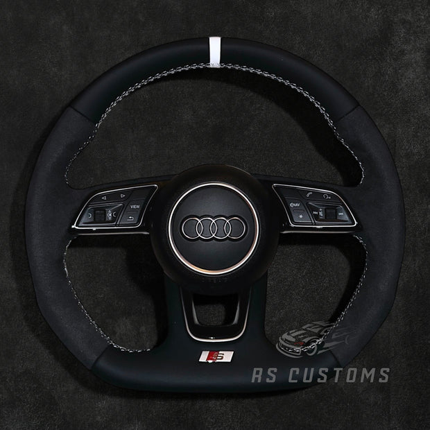 RS Customs Audi S-Line B9 custom steering wheel with Nappa leather, Alcantara side grips and optional heating for Audi A, S, RS, Q and R models from 2012+.