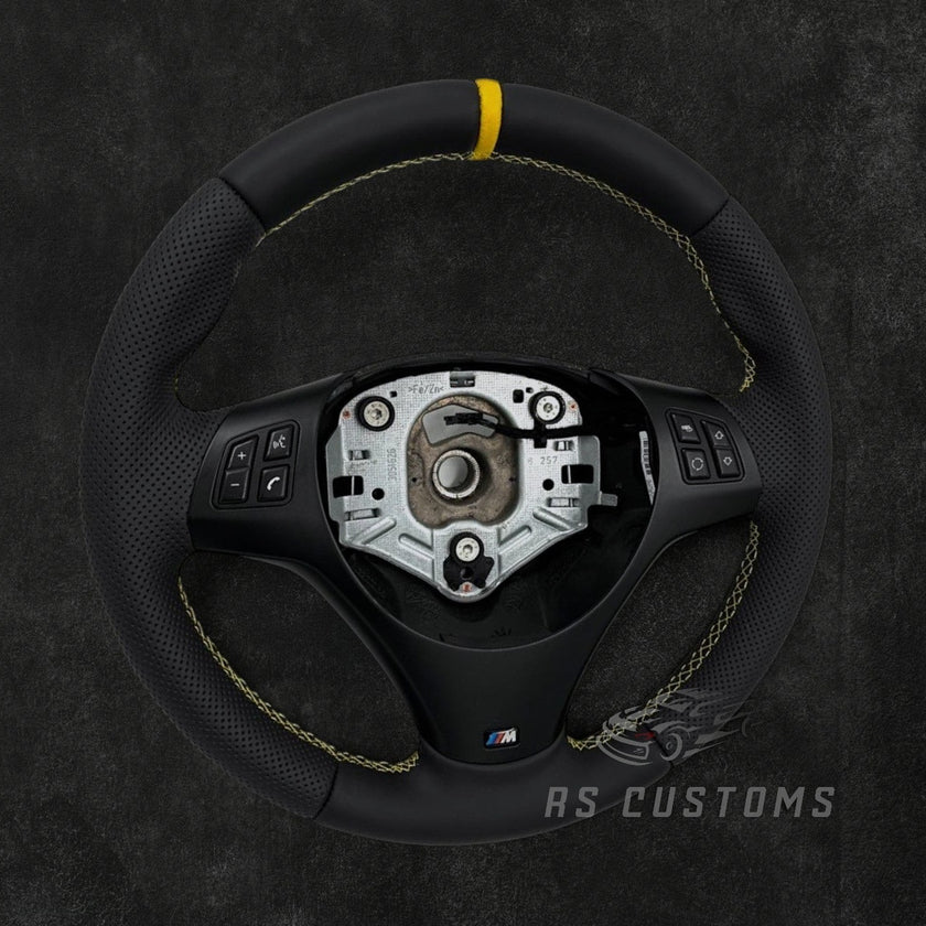 RS Customs BMW E90 E91 E92 E93 custom steering wheel with leather finish, perforated leather side grips and optional airbag cover for 3 Series and M3 models.