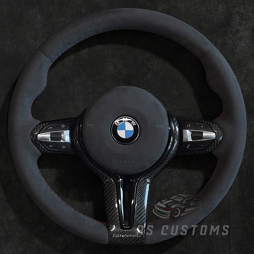 RS Customs BMW F-Series Alcantara steering wheel with carbon fiber trim, optional Alcantara airbag cover, heating support, paddle shifters and OEM+ motorsport design.
