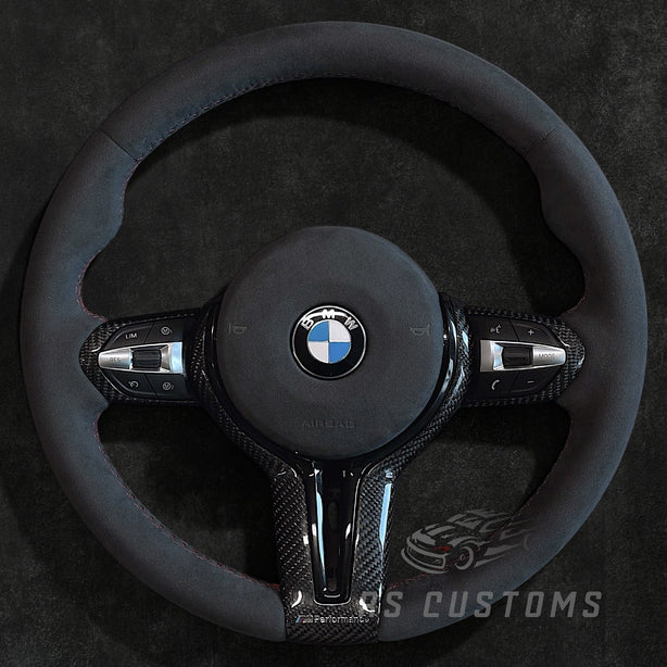 RS Customs BMW F-Series Alcantara steering wheel with carbon fiber trim, optional Alcantara airbag cover, heating support, paddle shifters and OEM+ motorsport design.