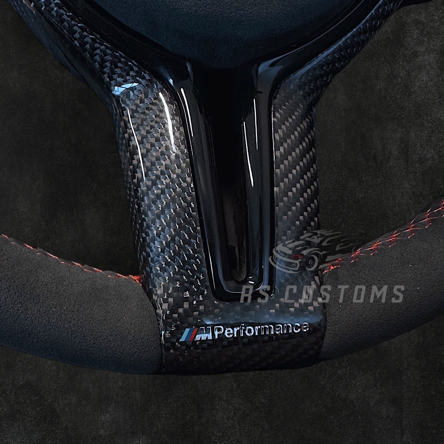 RS Customs BMW F-Series Alcantara steering wheel with carbon fiber trim, optional Alcantara airbag cover, heating support, paddle shifters and OEM+ motorsport design.