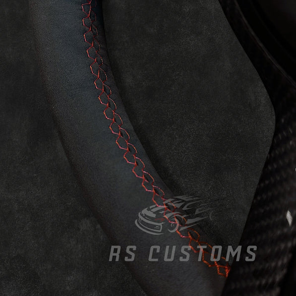 RS Customs BMW F-Series Alcantara steering wheel with carbon fiber trim, optional Alcantara airbag cover, heating support, paddle shifters and OEM+ motorsport design.