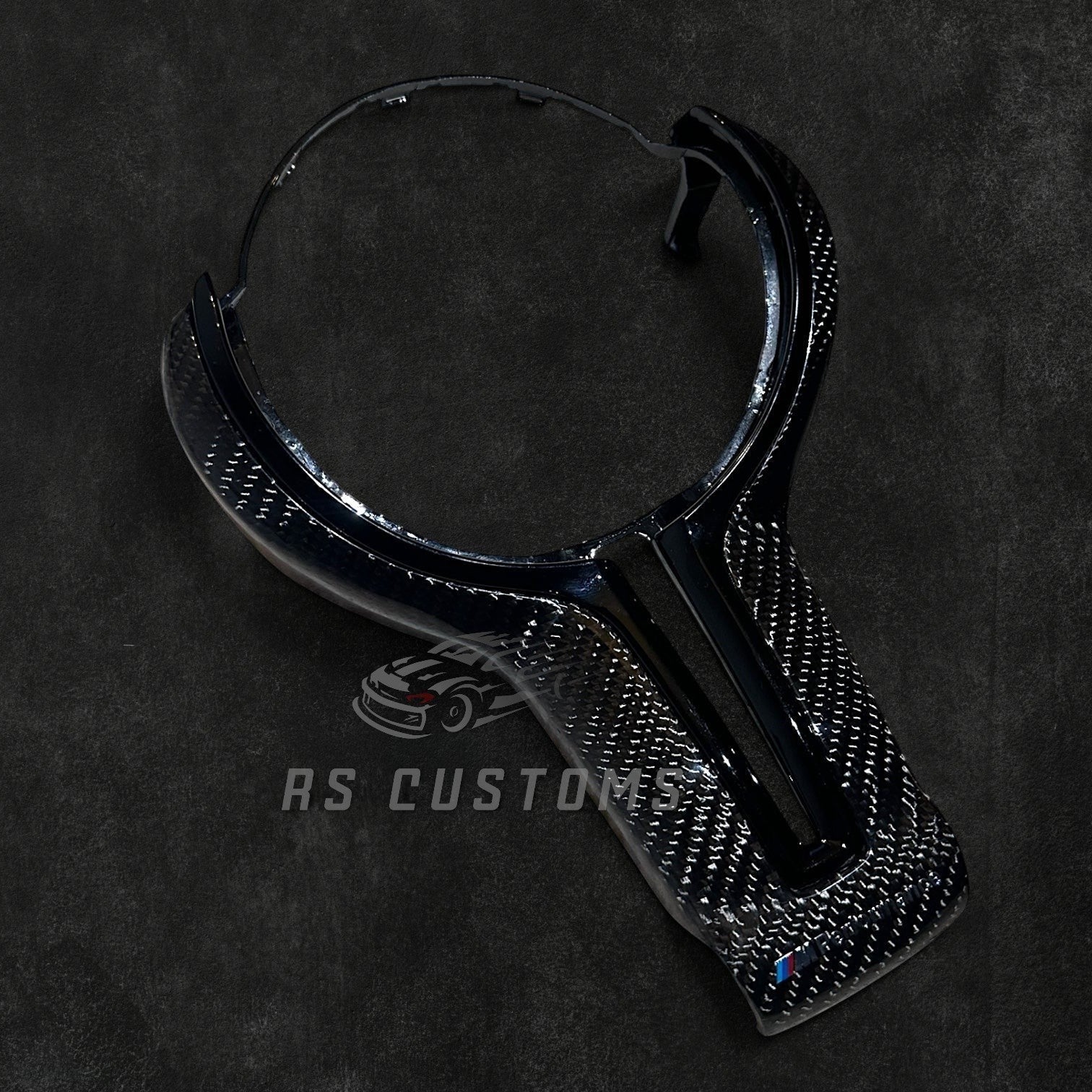 RS Customs BMW F-Series carbon fiber steering wheel cover with customizable center color for F20, F30, F80, F82 and other BMW F-Series models.