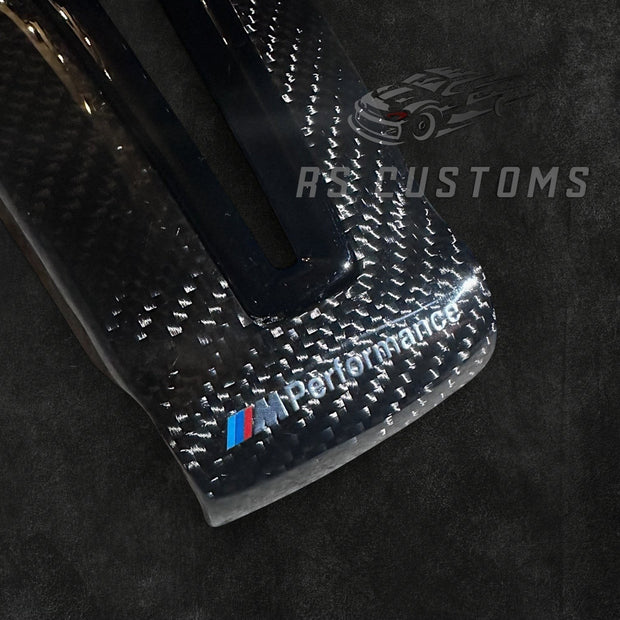 RS Customs BMW F-Series carbon fiber steering wheel cover with customizable center color for F20, F30, F80, F82 and other BMW F-Series models.