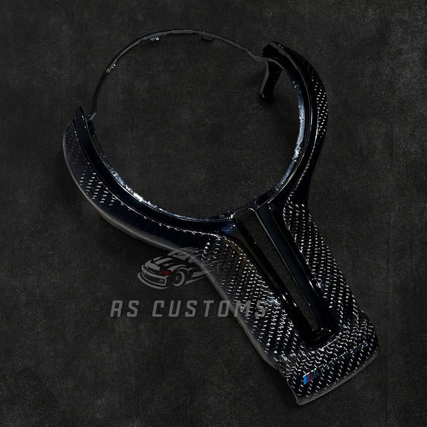 RS Customs BMW F-Series carbon fiber steering wheel cover with customizable center color for F20, F30, F80, F82 and other BMW F-Series models.