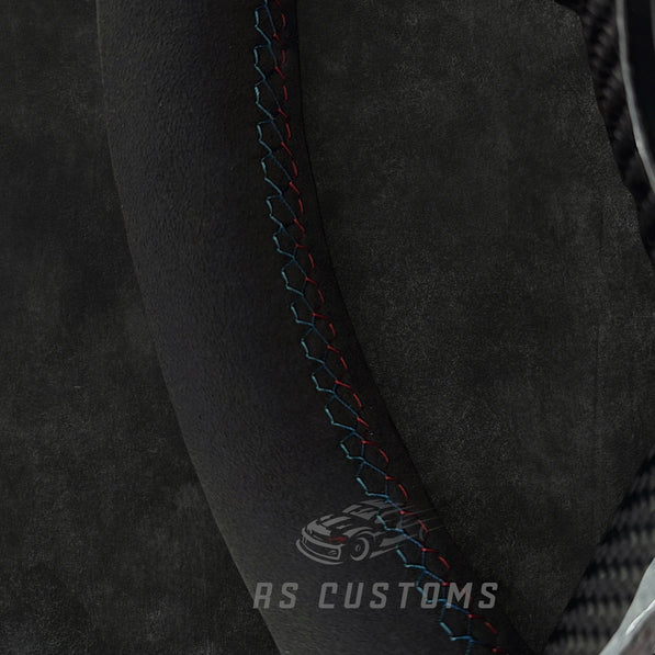 RS Customs BMW F-Series CS-style custom steering wheel with Alcantara, CS stripe, carbon fiber trim, optional Alcantara airbag cover, heating support and paddle shifter compatibility.
