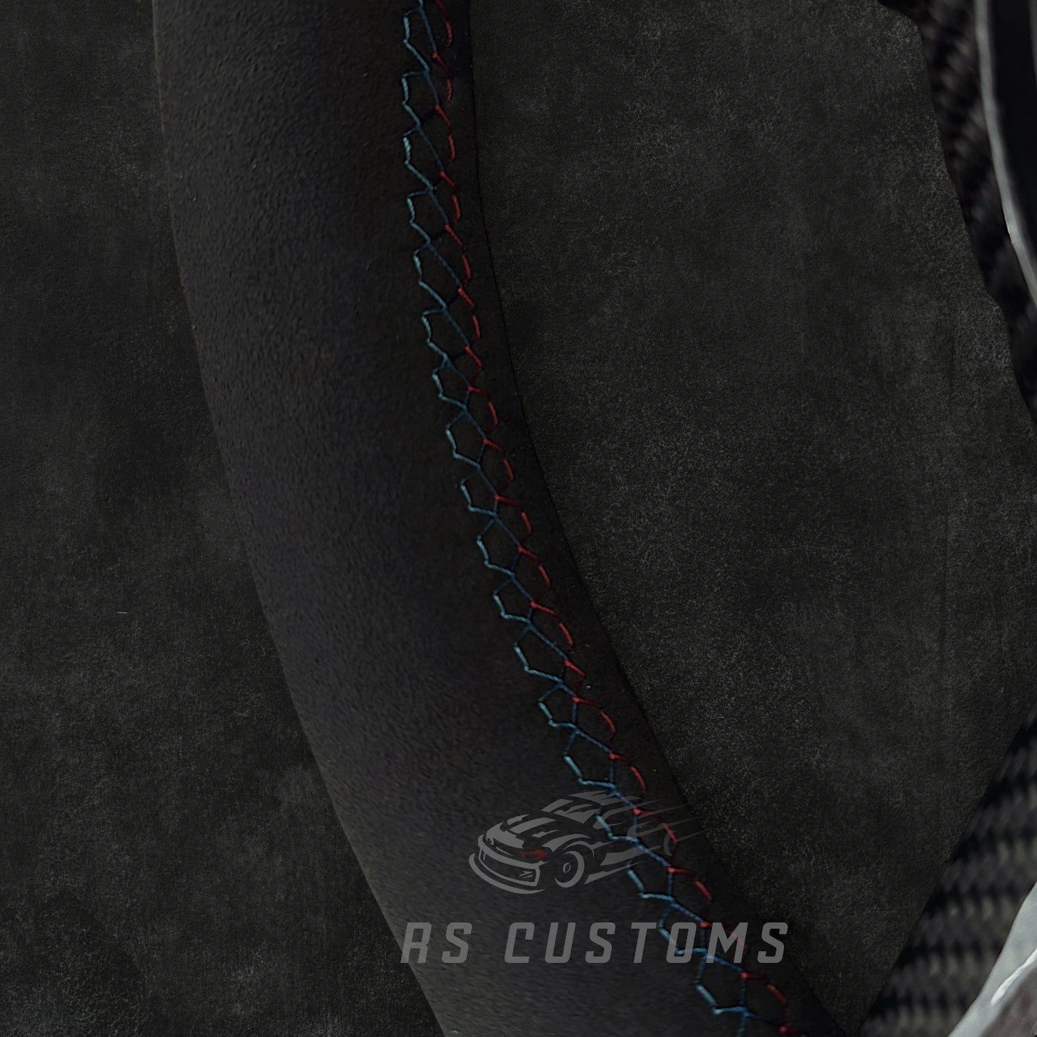 RS Customs BMW F-Series CS-style custom steering wheel with Alcantara, CS stripe, carbon fiber trim, optional Alcantara airbag cover, heating support and paddle shifter compatibility.