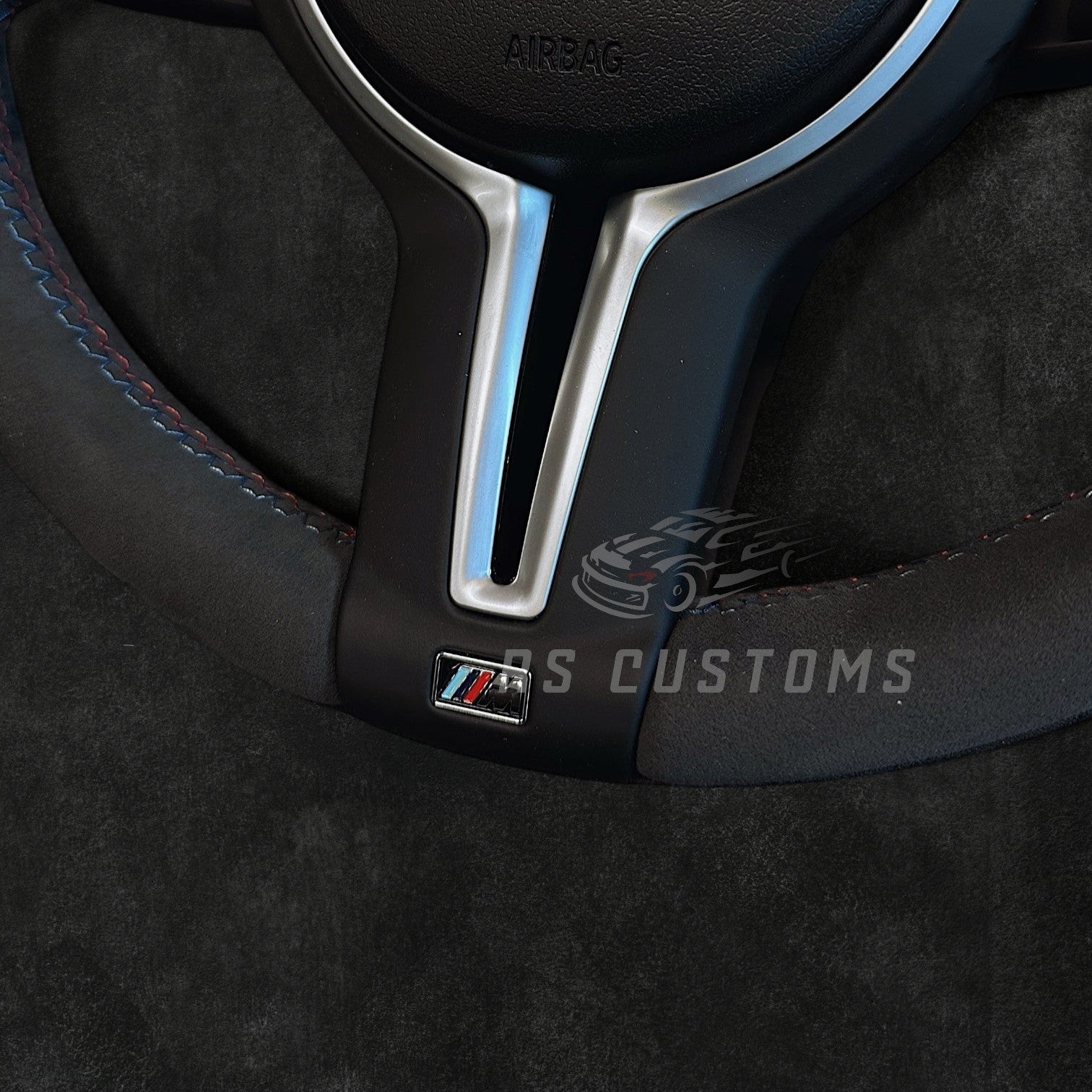 RS Customs BMW F-Series Custom Alcantara steering wheel with customizable center stripe, optional Alcantara airbag cover, heating support and paddle shifter compatibility.