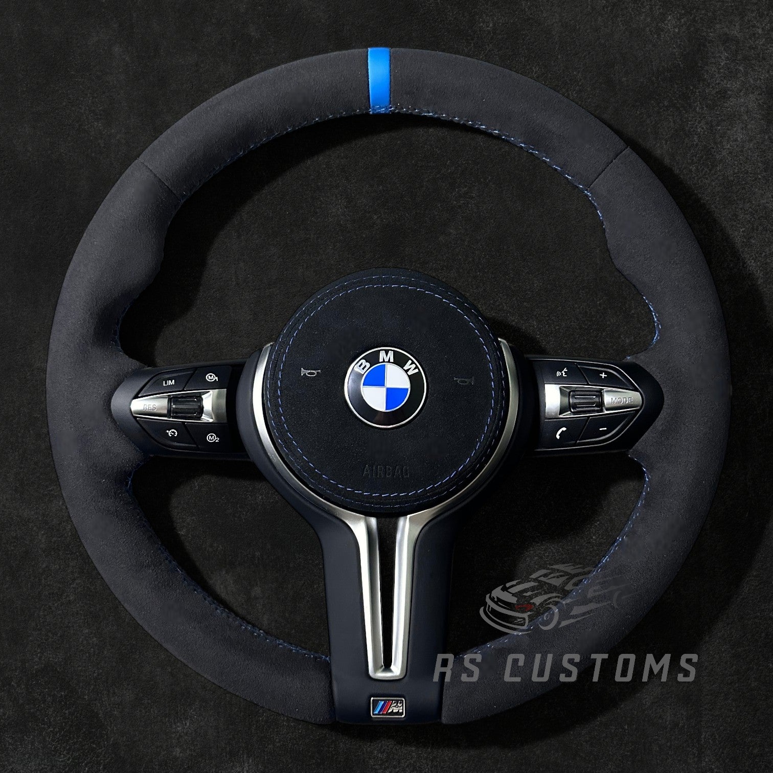 RS Customs BMW F-Series Custom Alcantara steering wheel with customizable center stripe, optional Alcantara airbag cover, heating support and paddle shifter compatibility.