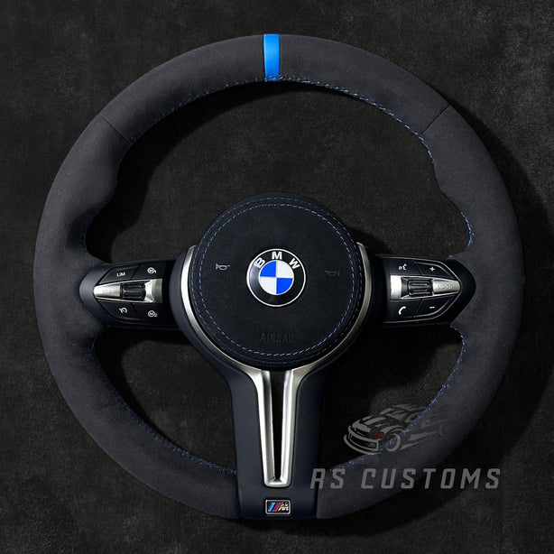 RS Customs BMW F-Series Custom Alcantara steering wheel with customizable center stripe, optional Alcantara airbag cover, heating support and paddle shifter compatibility.