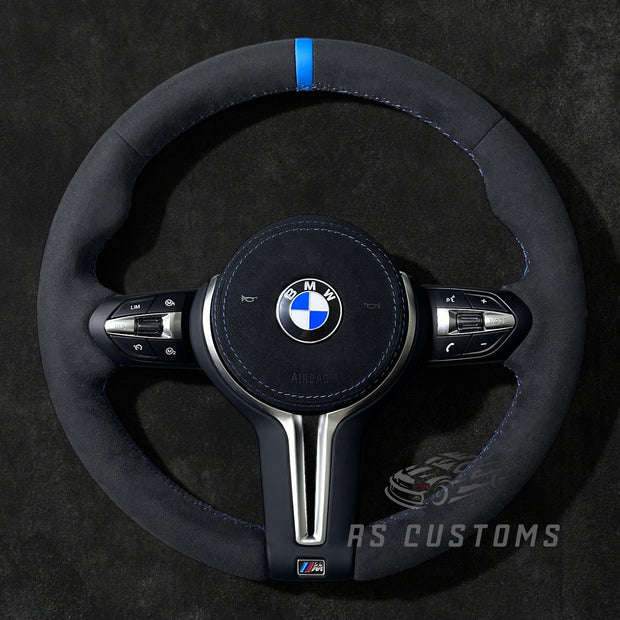 RS Customs BMW F-Series Custom Alcantara steering wheel with customizable center stripe, optional Alcantara airbag cover, heating support and paddle shifter compatibility.
