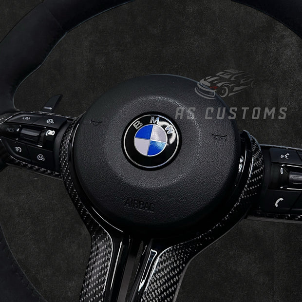 RS Customs BMW F-Series custom steering wheel with full Alcantara, carbon fiber details, integrated LED display, optional complete airbag, heating and paddle shifters.