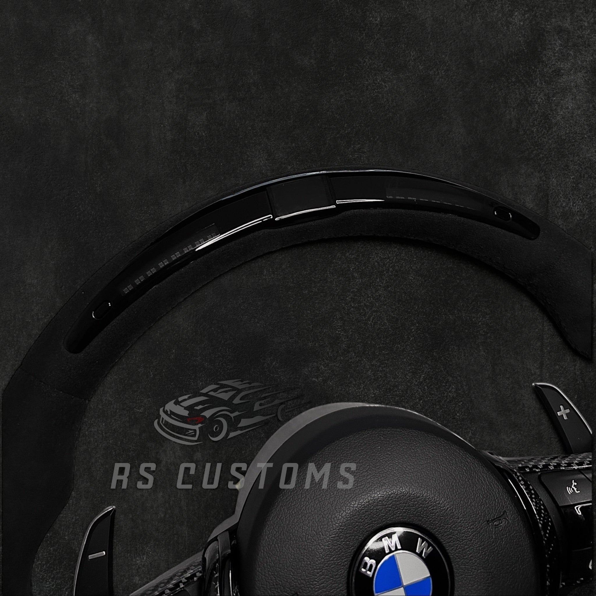 RS Customs BMW F-Series custom steering wheel with full Alcantara, carbon fiber details, integrated LED display, optional complete airbag, heating and paddle shifters.