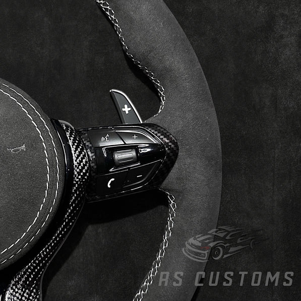 RS Customs BMW F-Series custom steering wheel with full Alcantara, carbon fiber trim, optional complete airbag assembly, multifunction buttons, heating and paddle shifters.