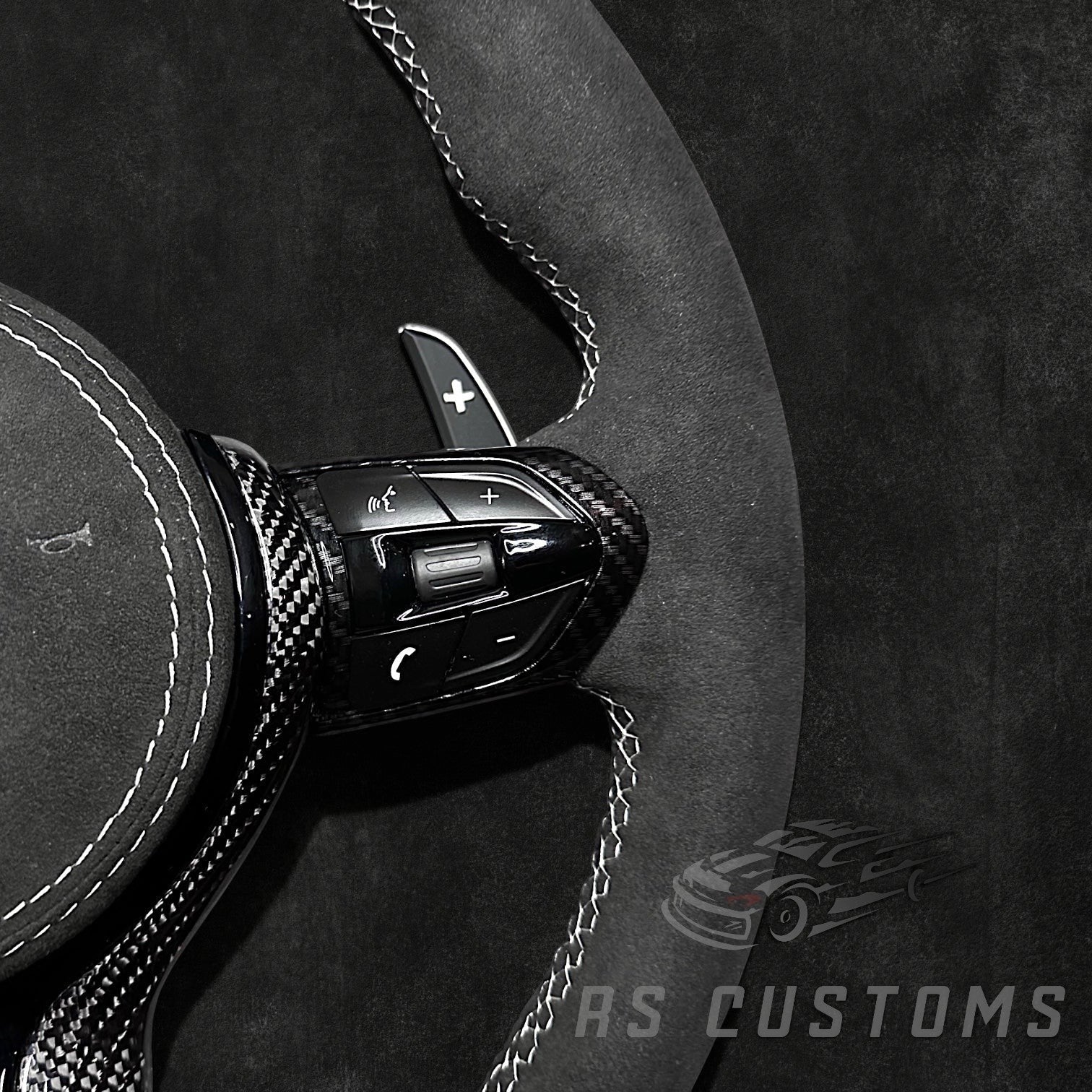 RS Customs BMW F-Series custom steering wheel with full Alcantara, carbon fiber trim, optional complete airbag assembly, multifunction buttons, heating and paddle shifters.