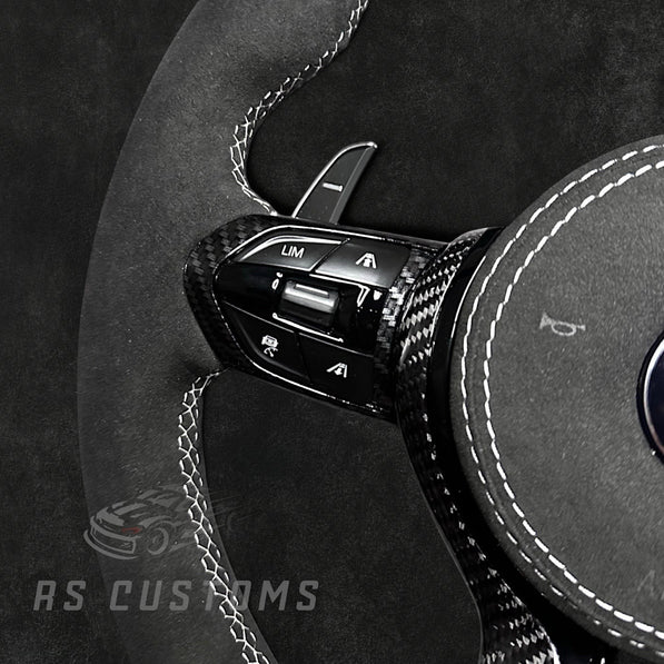 RS Customs BMW F-Series custom steering wheel with full Alcantara, carbon fiber trim, optional complete airbag assembly, multifunction buttons, heating and paddle shifters.