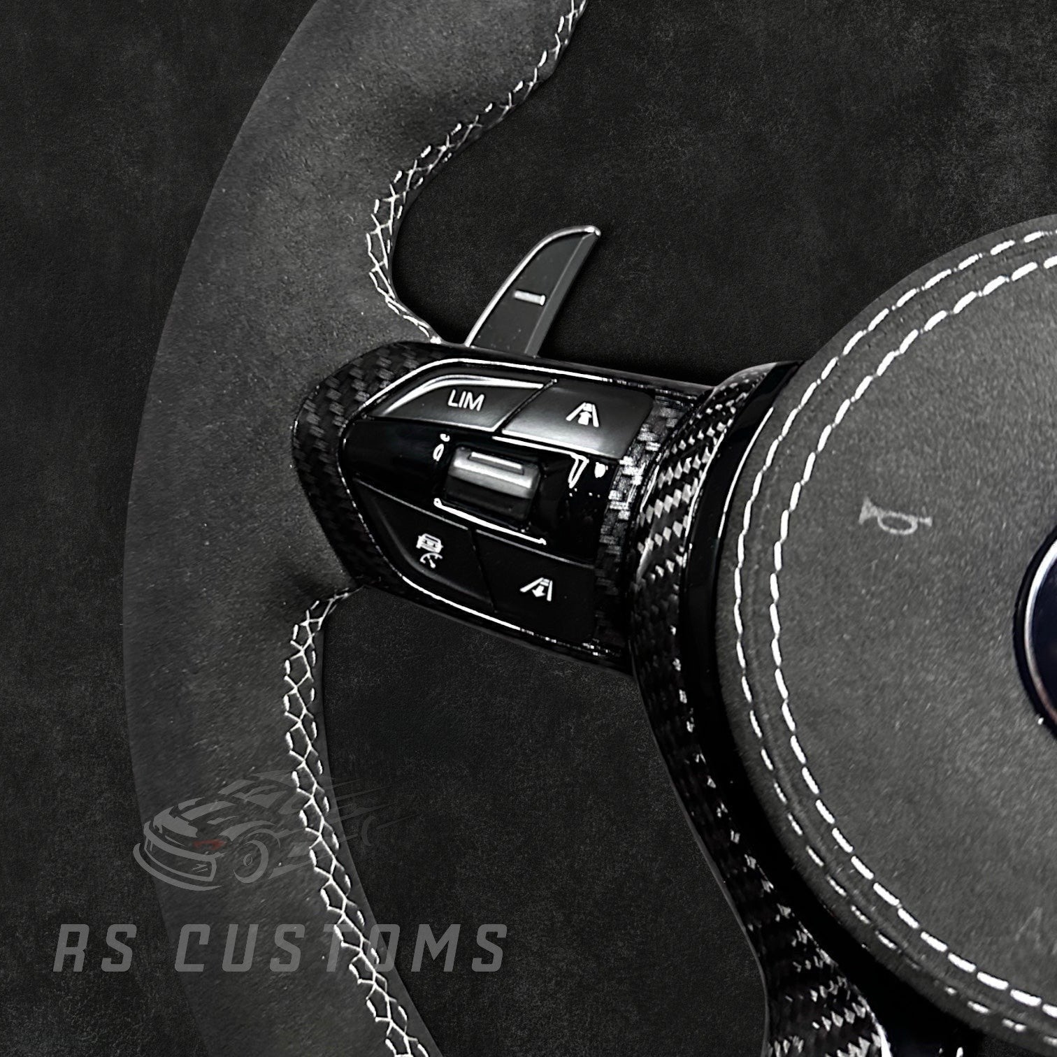 RS Customs BMW F-Series custom steering wheel with full Alcantara, carbon fiber trim, optional complete airbag assembly, multifunction buttons, heating and paddle shifters.