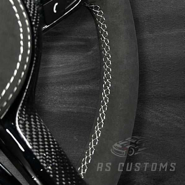 RS Customs BMW F-Series custom steering wheel with full Alcantara, carbon fiber trim, optional complete airbag assembly, multifunction buttons, heating and paddle shifters.