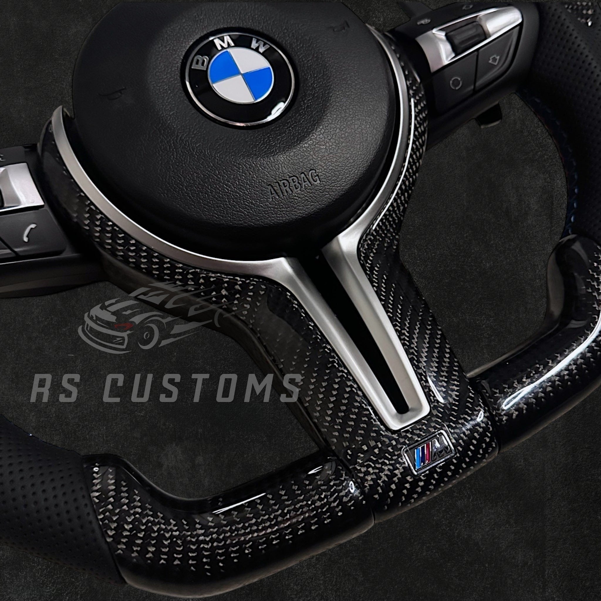 RS Customs BMW F-Series custom steering wheel with carbon fiber, leather grips, integrated LED display, optional complete airbag, multifunction buttons, heating and paddle shifters.