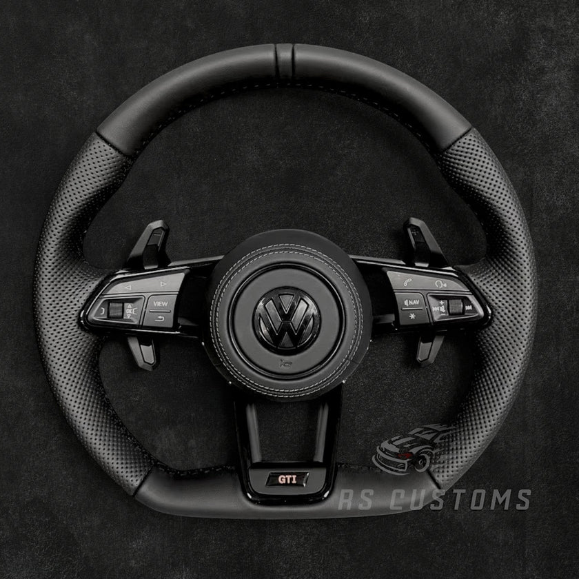 RS Customs BMW F-Series custom steering wheel with leather, Alcantara grips, carbon fiber trim, airbag, multifunction buttons, paddle shifters, heating and OEM functionality.
