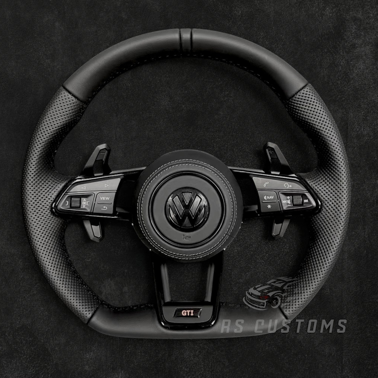 RS Customs BMW F-Series custom steering wheel with leather, Alcantara grips, carbon fiber trim, airbag, multifunction buttons, paddle shifters, heating and OEM functionality.