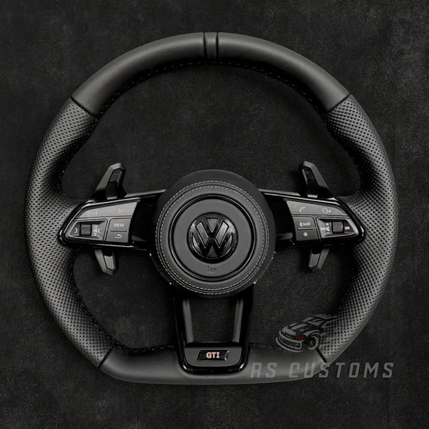 RS Customs BMW F-Series custom steering wheel with leather, Alcantara grips, carbon fiber trim, airbag, multifunction buttons, paddle shifters, heating and OEM functionality.