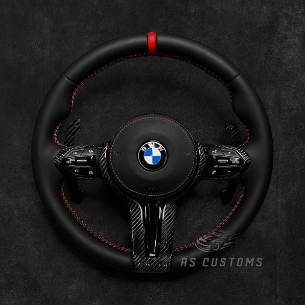RS Customs BMW F-Series custom steering wheel with premium Nappa leather, carbon fiber trim, optional heating, paddle shifters and OEM functionality for BMW F-Series models.