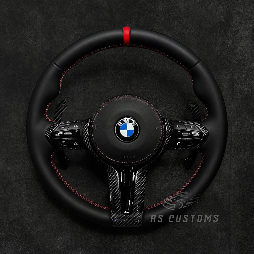 RS Customs BMW F-Series custom steering wheel with premium Nappa leather, carbon fiber trim, optional heating, paddle shifters and OEM functionality for BMW F-Series models.