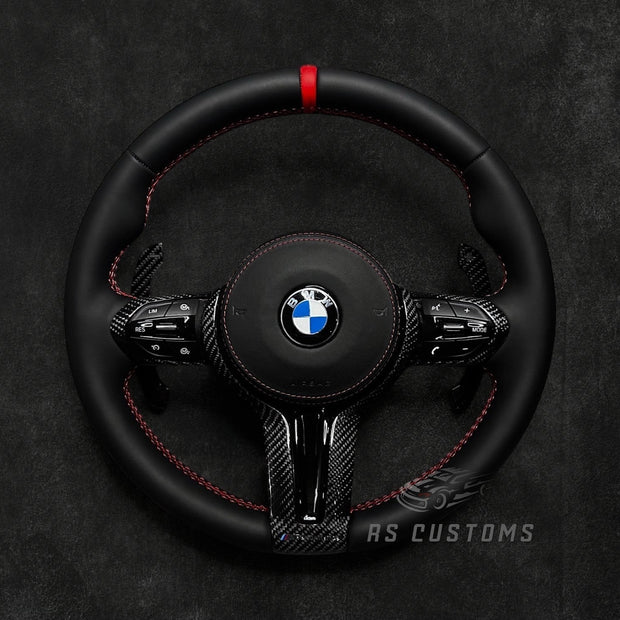 RS Customs BMW F-Series custom steering wheel with premium Nappa leather, carbon fiber trim, optional heating, paddle shifters and OEM functionality for BMW F-Series models.