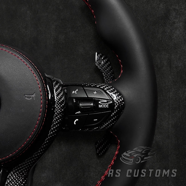 RS Customs BMW F-Series custom steering wheel with premium Nappa leather, carbon fiber trim, optional heating, paddle shifters and OEM functionality for BMW F-Series models.