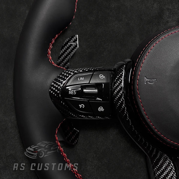 RS Customs BMW F-Series custom steering wheel with premium Nappa leather, carbon fiber trim, optional heating, paddle shifters and OEM functionality for BMW F-Series models.
