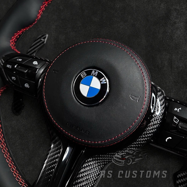 RS Customs BMW F-Series custom steering wheel with premium Nappa leather, carbon fiber trim, optional heating, paddle shifters and OEM functionality for BMW F-Series models.