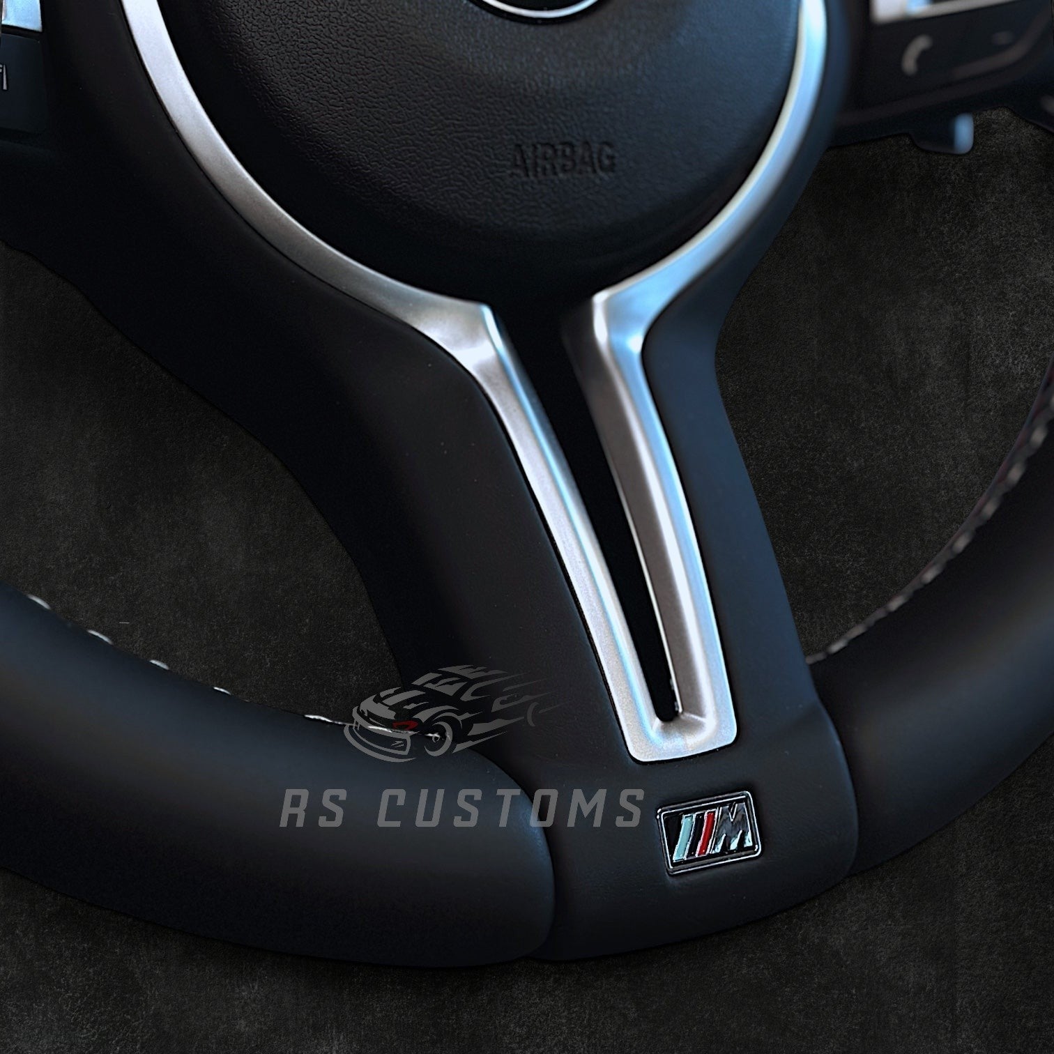 RS Customs BMW F-Series LCI custom steering wheel with full leather finish, M stitching and OEM look for F20, F30, F32, F80, F82 and other BMW F-Series models.